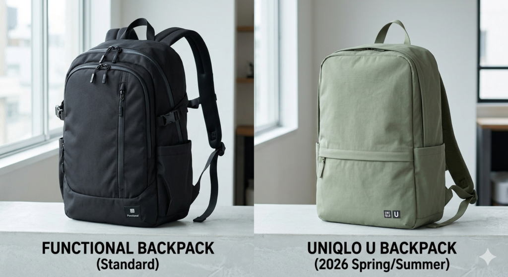 ユニクロのファンクショナルバックパック(定番)とUniqlo U(2026春新作)バックパックの比較画像