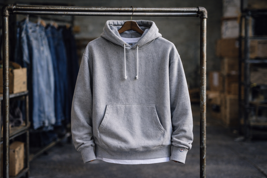 状態の良いチャンピオンのリバースウィーブパーカー古着。フードや袖口に目立つダメージがなく、肉厚な生地感が分かるグレーのヴィンテージ個体。
