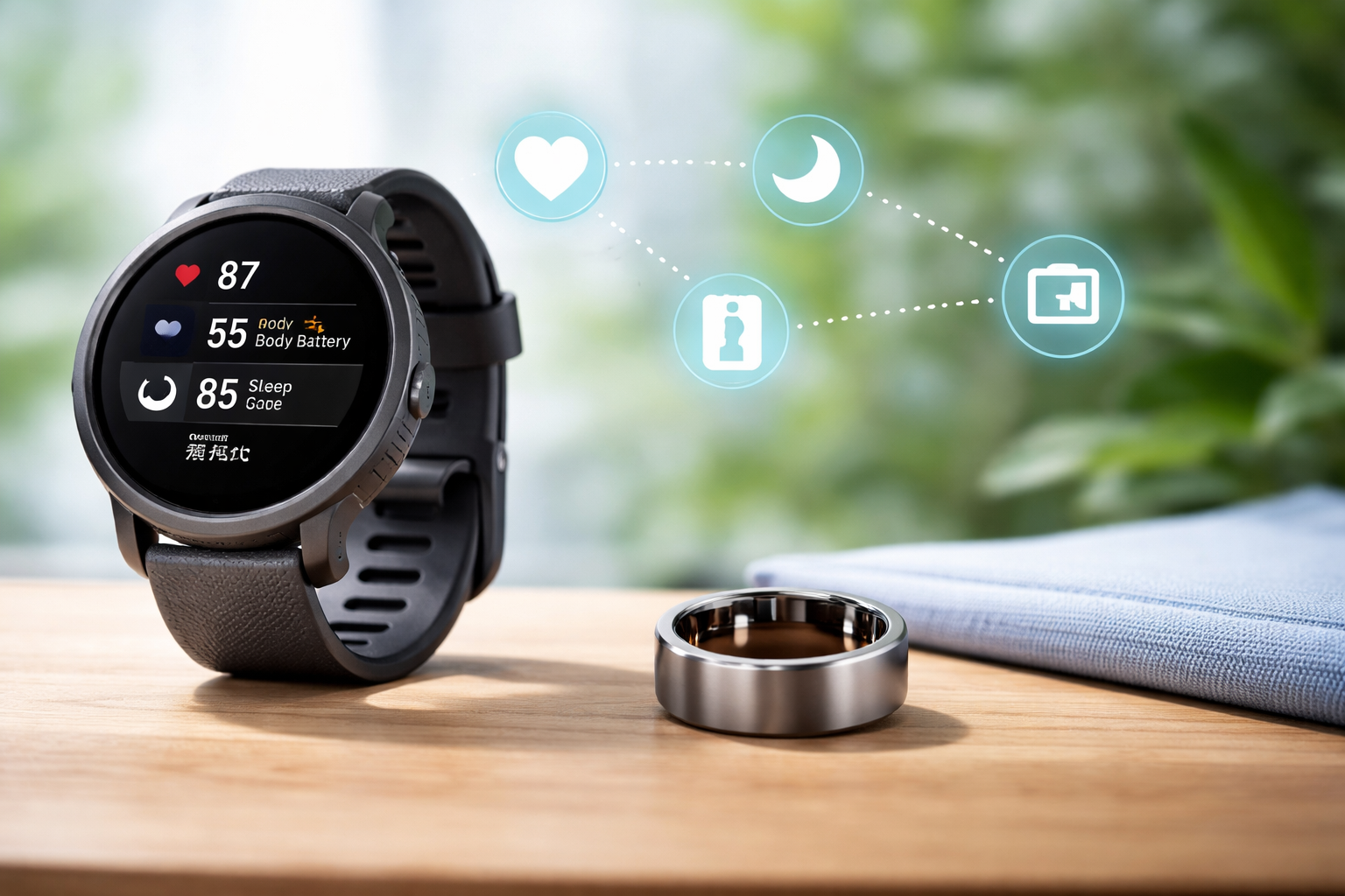 木製のテーブルに置かれたガーミンのスマートウォッチとスマートリング。睡眠、心拍、ストレスなどのヘルスデータが両デバイス間で同期・連携されている様子を可視化したイメージ。 WordPress記事構成（追加セクション案）