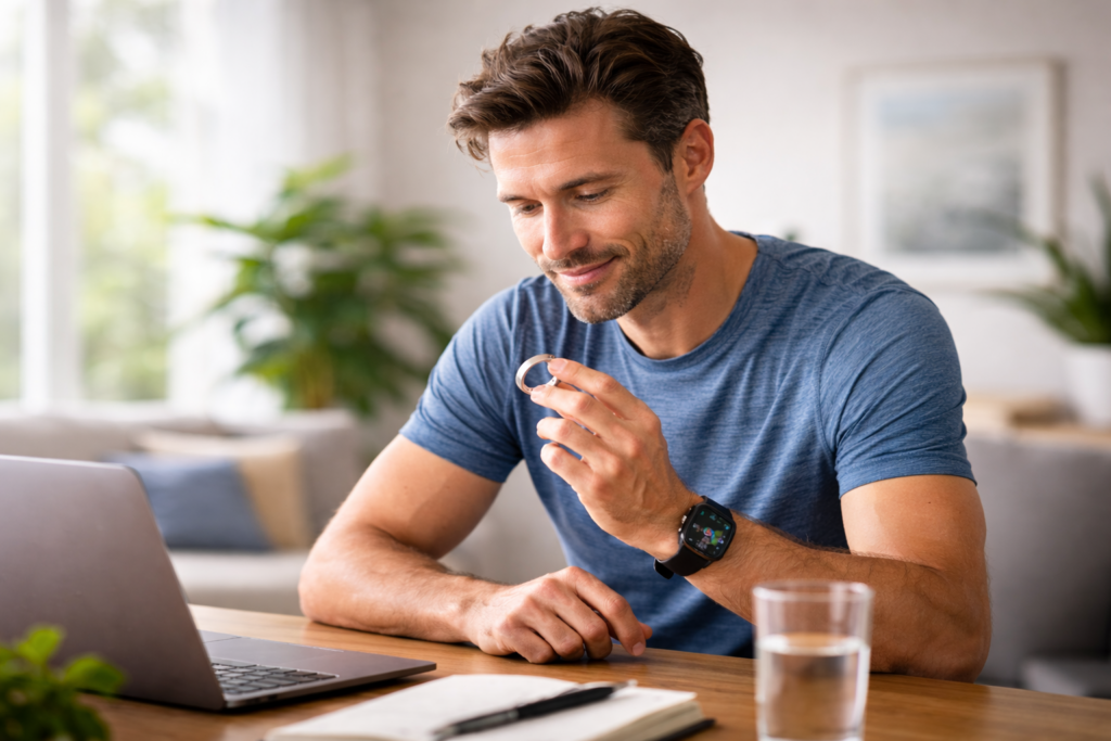 デスクでスマートリングを手に持ち、左腕にガーミンのスマートウォッチを装着してデータをチェックする男性の様子。スマートリングとガーミンの連携活用イメージ。