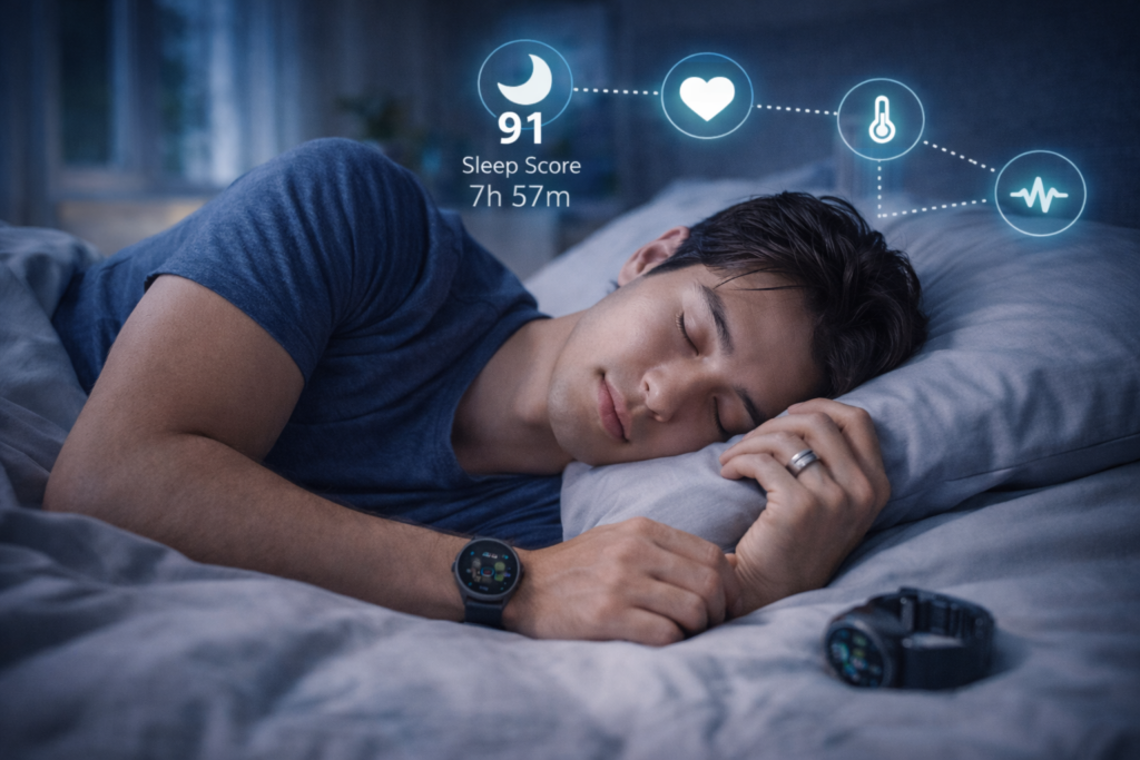 就寝中にスマートリングを着用して睡眠の質を計測する男性。睡眠スコアや心拍数、体温変動などのデータが詳しく可視化されている様子。