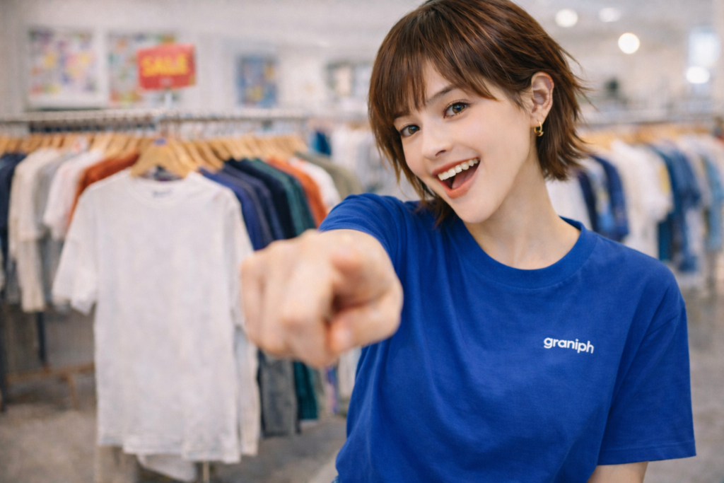 青いシンプルなTシャツを着た女性がこちらを指さして早めのチェックを促すイメージ