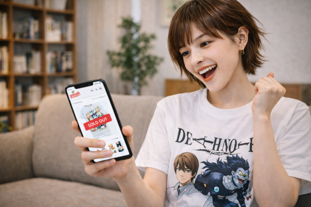 デスノートコラボTシャツを見つけてスマホを見ながら喜ぶ女性