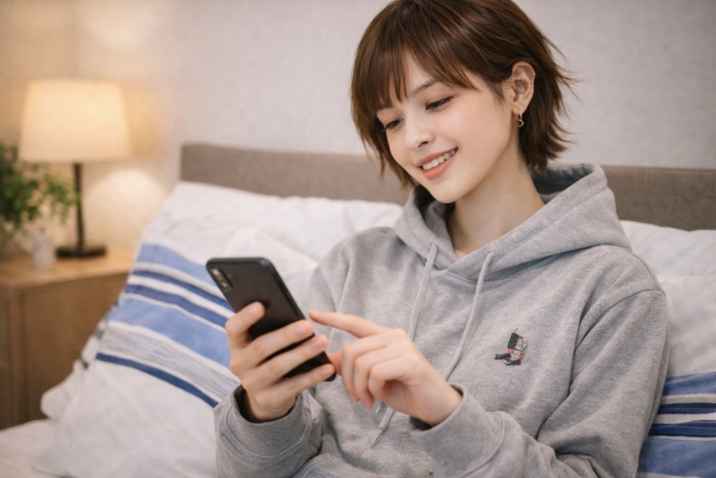 グラニフのパーカーを着てスマホでオンラインショップを見る女性