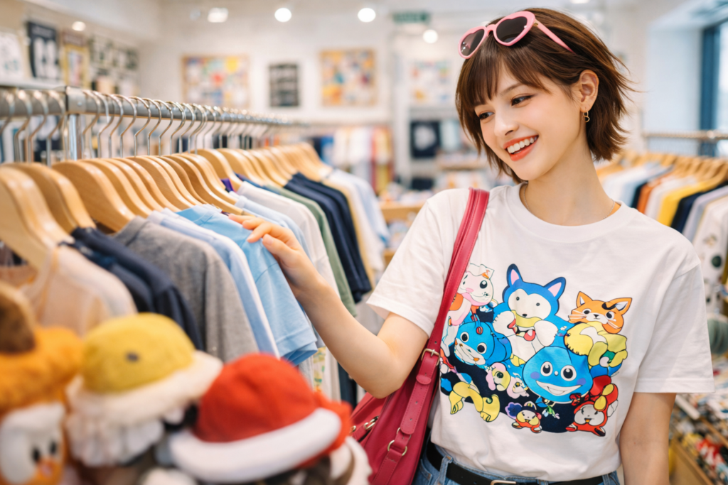 グラフィックTシャツを見ながら買い物を楽しむ女性