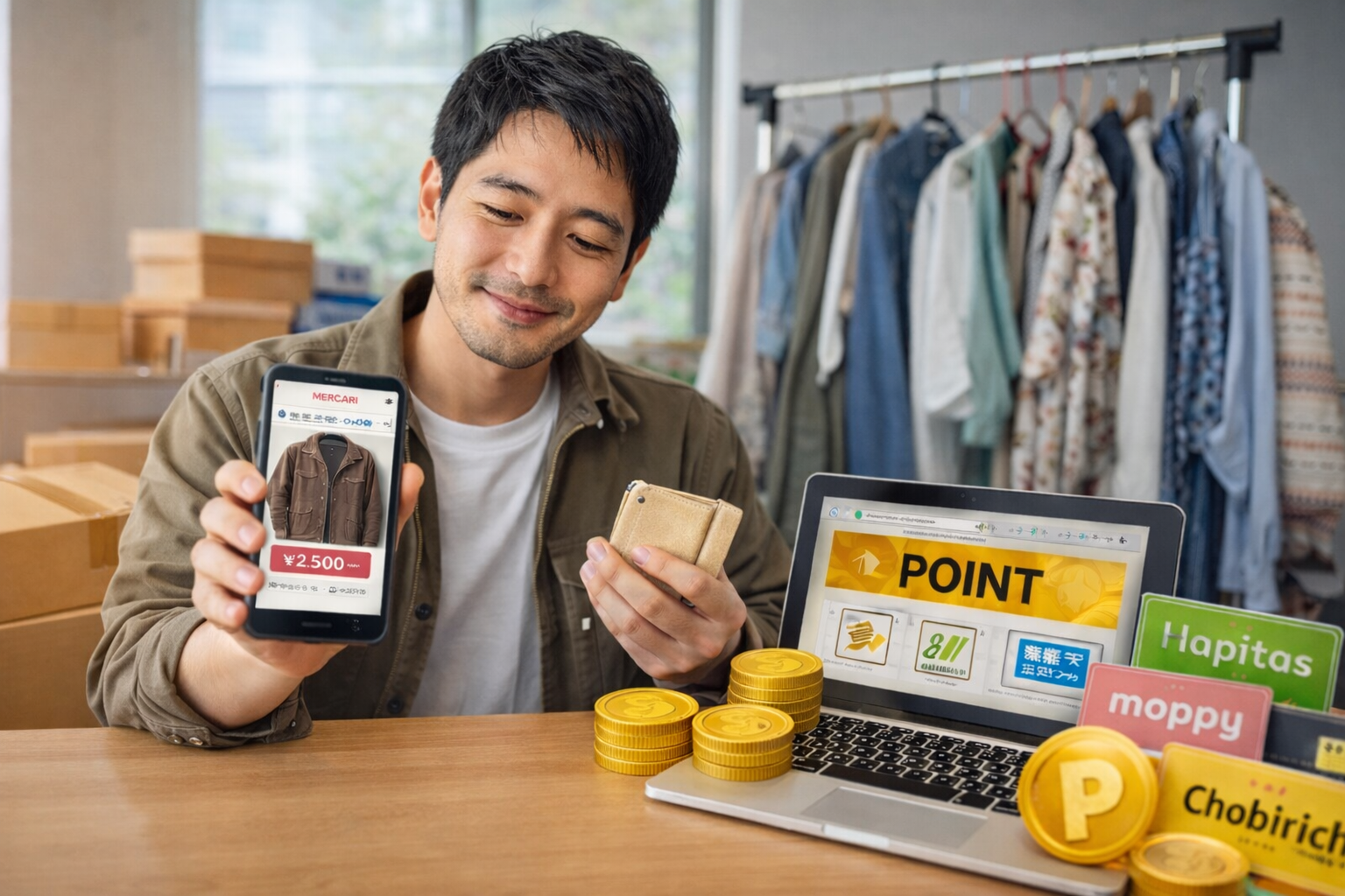 ポイ活を利用してメルカリで古着を購入する30代日本人男性のイメージ