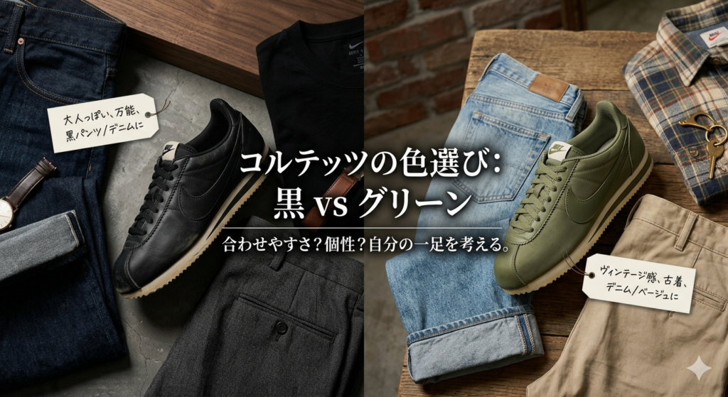 ナイキ コルテッツの黒とグリーンの比較画像。左側には「大人っぽく万能」な黒のコルテッツと濃紺デニム・スラックスのコーディネート、右側には「ヴィンテージ感」のあるグリーンのコルテッツと薄色デニム・チノパンのコーディネートが並び、色選びのポイントを解説している。