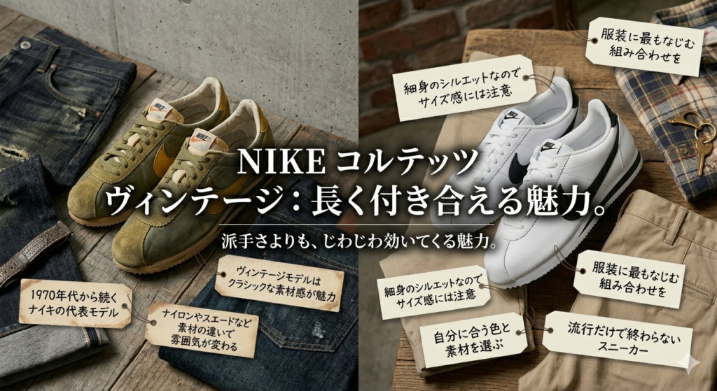 ナイキ コルテッツ ヴィンテージの選び方を解説した比較画像。左側には「1970年代から続く代表モデル」「素材感の魅力」などのタグが添えられたヴィンテージ風のグリーンスエードモデル、右側には「自分に合う色と素材を選ぶ」「サイズ感に注意」などのタグが添えられたクリーンな白のレザーモデルが配置されている。背景にはデニムやチノパンがあり、日常の服装への馴染みやすさを表現している