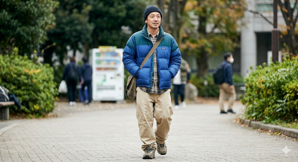 秋の公園の遊歩道を歩く、パタゴニア風のダウンジャケットとビーニーを着用したアジア人男性。腰にはショルダーバッグをかけ、足元はカーキ色のパンツとハイキングブーツ。背景にはぼかされた緑と人々が映っている。