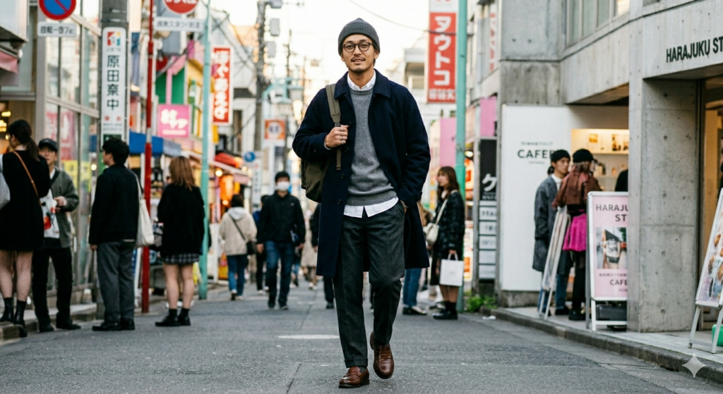 原宿の街並みを背景に、キャンバス調のダークオリーブ色をしたパタゴニアのリュック（アーバー・シリーズ）を、片方の肩にラフにかけた日本人男性の「きれいめ」コーディネート。ネイビーのウールコート、グレーのニット、スラックス、茶色のローファーを合わせた、大人っぽく上品なスタイル。