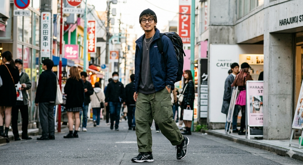 原宿の街並みを背景に、パタゴニアの黒いバックパックを少し高い位置で背負った日本人男性のストリートファッション。ネイビーのナイロンジャケット、オリーブのワイドカーゴパンツ、黒のスニーカーとビーニーを合わせた、テック感とボリューム感のバランスが良いコーディネート。