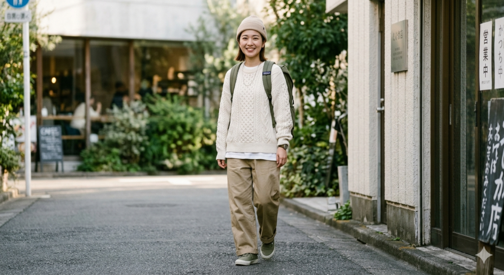 アイボリーのケーブルニットとベージュのワイドパンツに、パタゴニアの丸みのあるオリーブ色リュックを合わせた女性のカジュアルコーデ。リュックとスニーカーの色を合わせ、ビーニーを取り入れた、柔らかく「抜け感」のあるストリートスタイル。