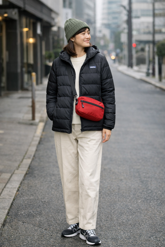 パタゴニア黒ダウンとセージカラー小物で都会的に着こなす日本人女性コーデ