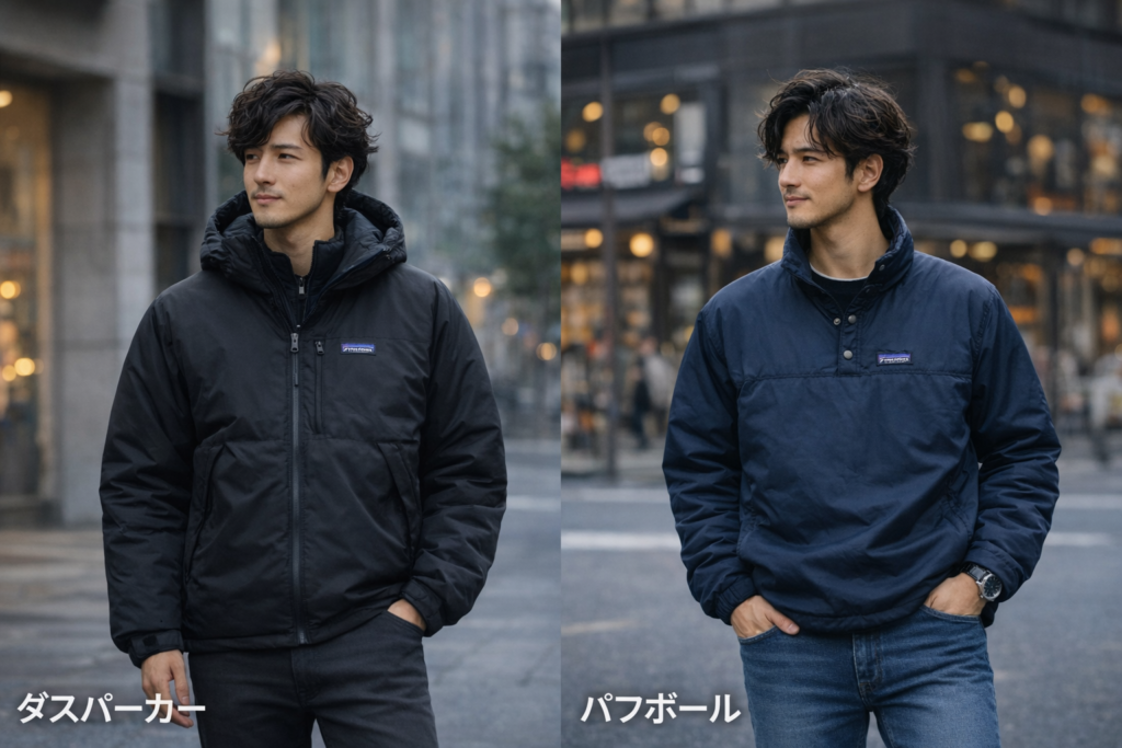 パタゴニアのダスパーカーとパフボールを都会的に着こなしたメンズコーデ比較