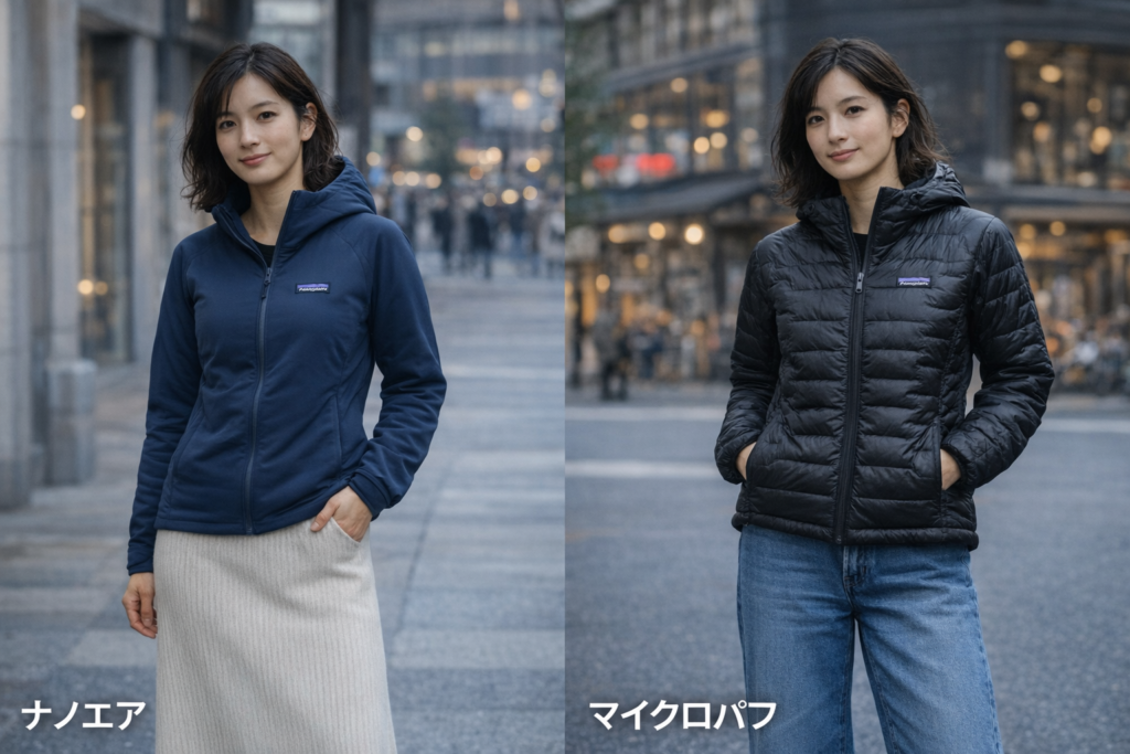 パタゴニアのナノエアとマイクロパフをスカートとワイドデニムで着回した30代女性のコーデ比較