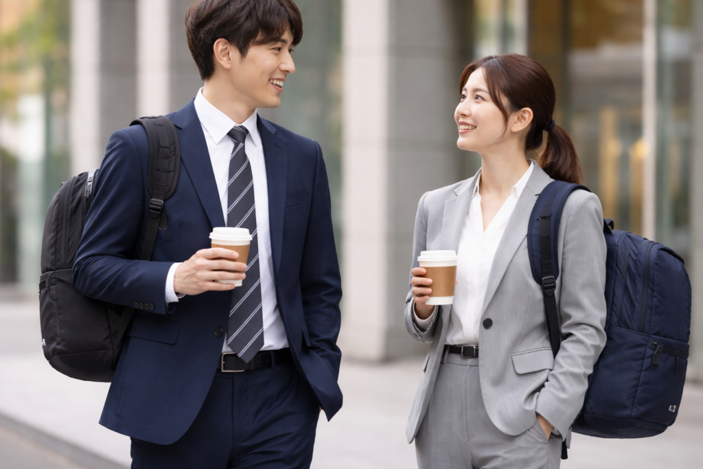 パタゴニアのリュックを使った通勤ビジネスコーデ。男女がスーツスタイルでコーヒーを持ちながら会話している都会的なシーン