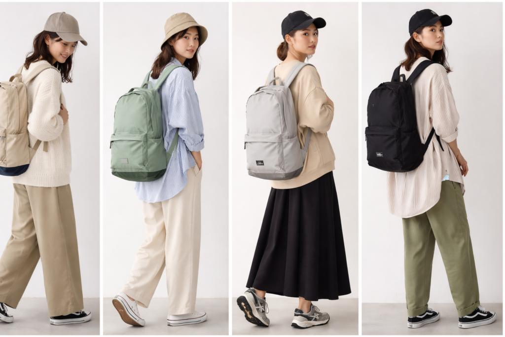 パタゴニアのリュックを使ったレディース春コーデ集。ベージュやグリーンのバッグを取り入れたナチュラルでおしゃれなスタイル