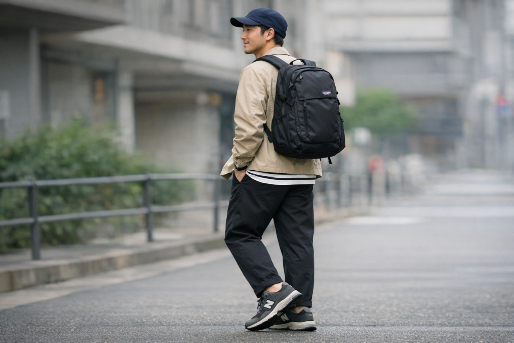 パタゴニアの黒リュックを使った春のメンズカジュアルコーデ。ベージュジャケットとオリーブパンツにスニーカーを合わせた都会的スタイル