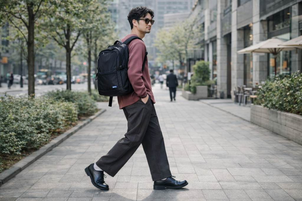 くすみピンクのニットにワイドスラックスを合わせたパタゴニアリュックのメンズ春コーデ。都会の街並みで歩く大人のカジュアルスタイル