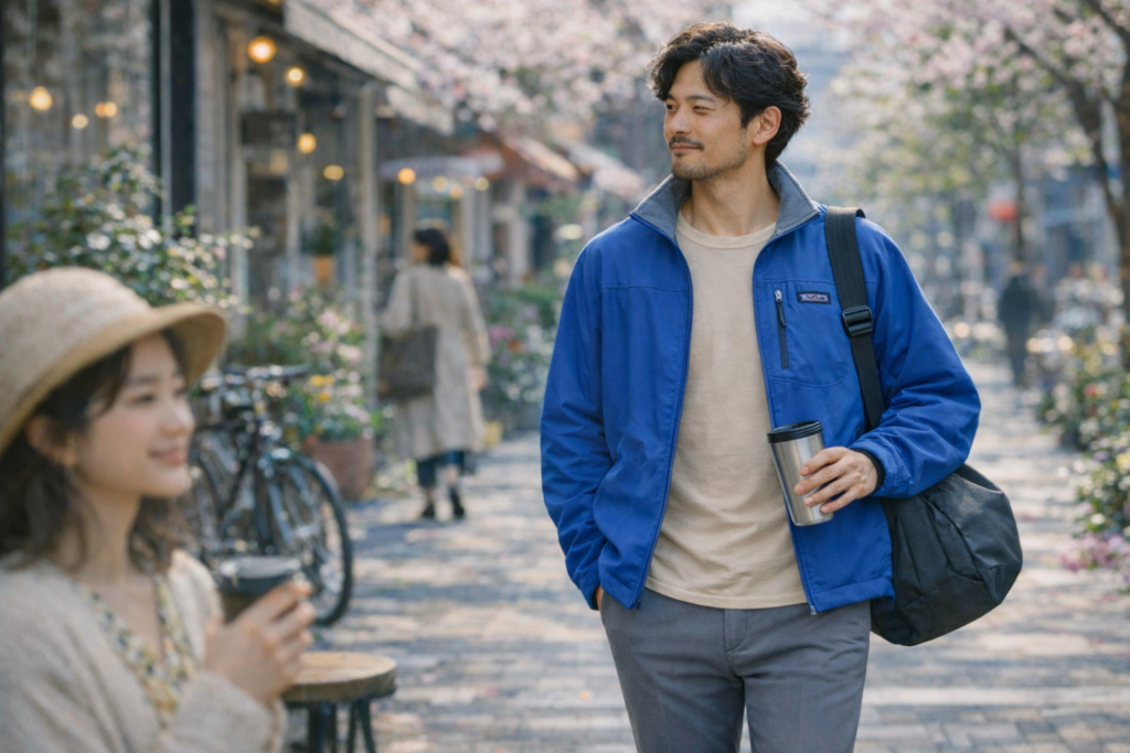春の街中で青のパタゴニアジャケットとベージュTシャツ、グレーのスラックスを合わせたシンプルで洗練されたメンズコーデ
