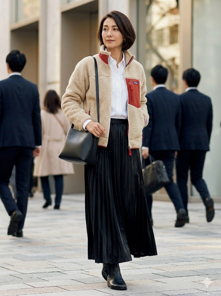 東京の大手町の街並みを背景に、パタゴニア風のベージュとレッドのフリースジャケット、白シャツ、黒のプリーツロングスカート、黒のブーツを着用して歩く、洗練された日本人女性。腰には黒のショルダーバッグをかけ、周囲にはスーツ姿のビジネスパーソンや歩行者が行き交っている。