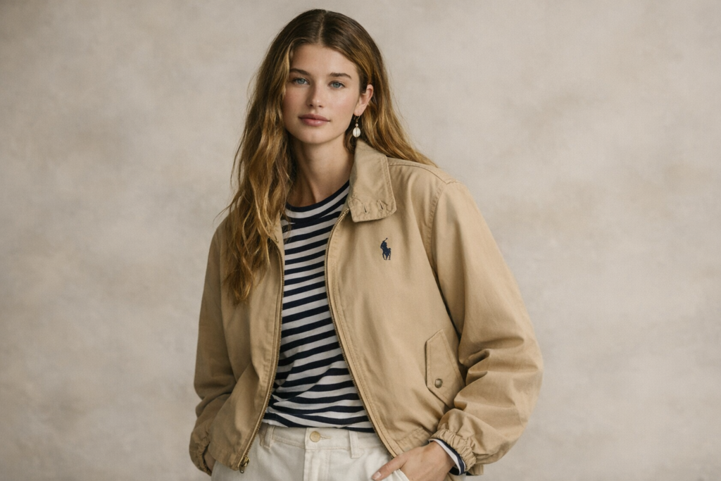 ベージュのラルフローレンジャケットを着た女性のクラシックなコーディネート