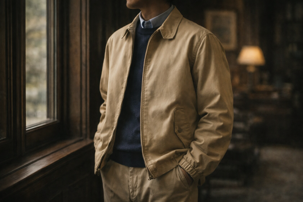 ベージュのラルフローレン風ヴィンテージハリントンジャケットを着た日本人男性のクラシックコーデ