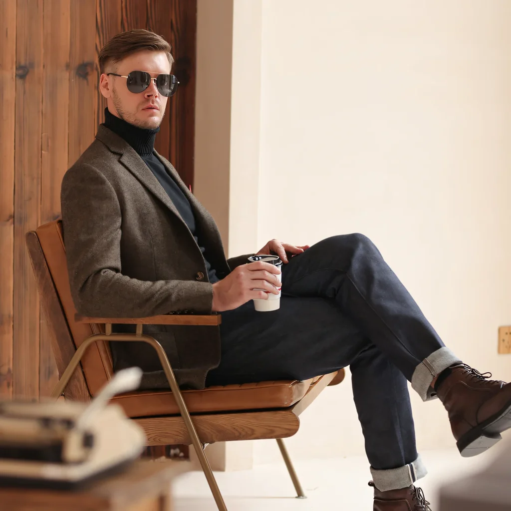 ダークウッドの机の上に置かれたヴィンテージ風ツイードジャケット。ラルフローレンのヘリテージスタイルをイメージしたクラシックな古着ジャケット。