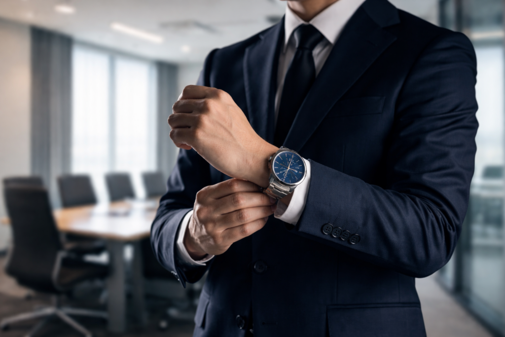 会議室でスーツ姿の男性がセイコーセレクションSBTM323の腕時計を調整しているシーン