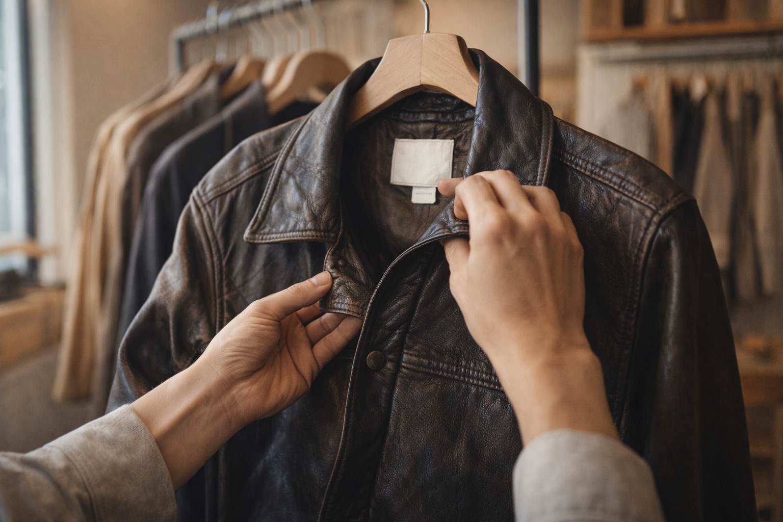 ヴィンテージレザージャケットのタグと革の質感を手で確認している様子。品質や当たり個体を見極めるチェックシーン