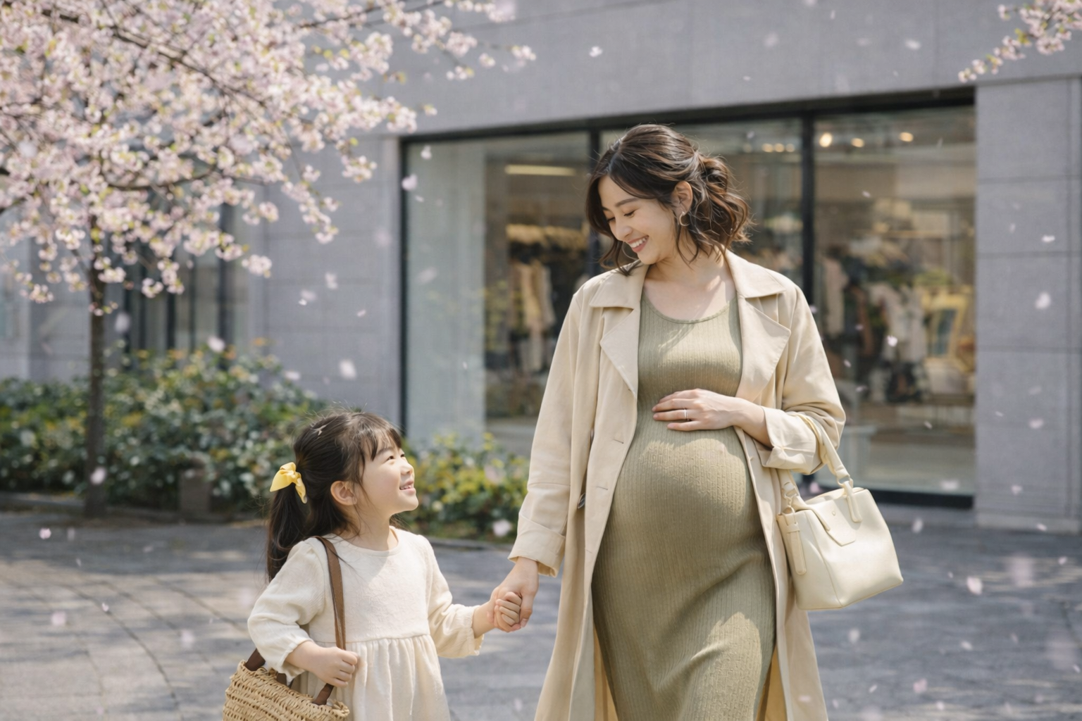 春の桜の下で子供と歩くマタニティ女性のイメージ
