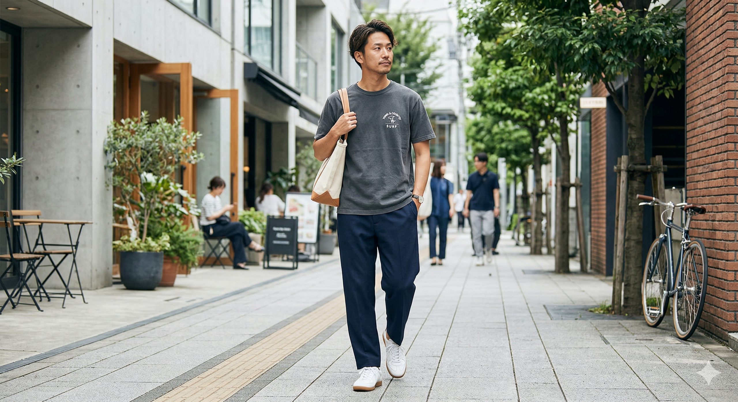 Town & Country（タウンアンドカントリー）のサーフロゴTシャツに、ネイビーのスラックスと白いスニーカーを合わせた、大人なカジュアルメンズストリートスタイルで日本の都市の通りを歩く男性。