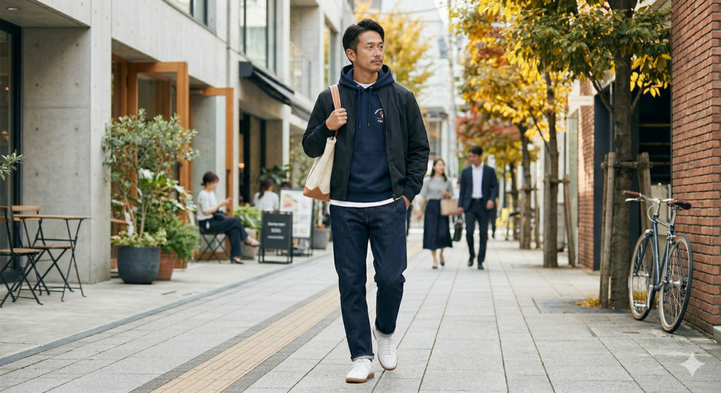 秋の並木道を歩く、黒いブルゾンとネイビーのパーカー、デニムパンツを着用した日本人男性のカジュアルなコーディネート。Tシャツのレイヤード、トートバッグ、白いスニーカーがスタイリッシュなアクセントになっています。