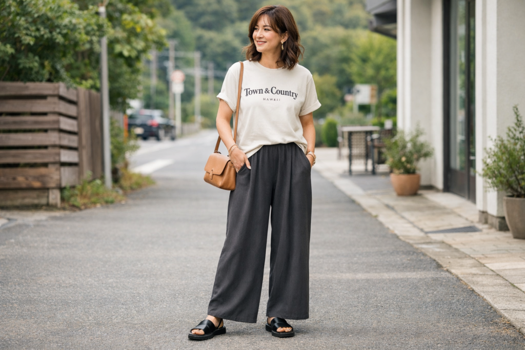 タウンアンドカントリーのオフホワイトTシャツにチャコールのワイドパンツを合わせた30代女性の大人カジュアルコーデ例