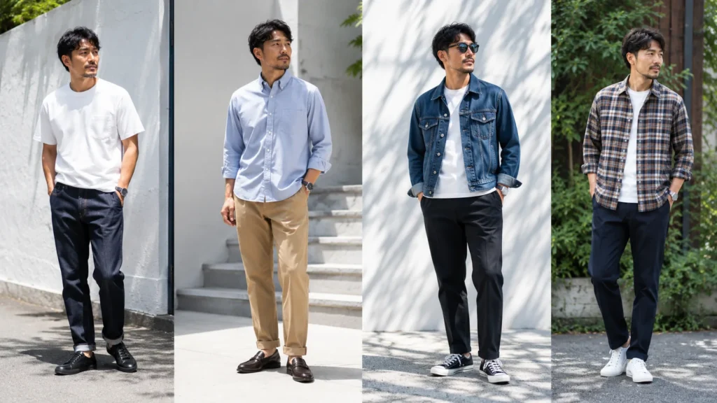 40代男性の春夏向けアメカジコーデを白T、オックスフォードシャツ、Gジャン、チェックシャツで比較したイメージ画像