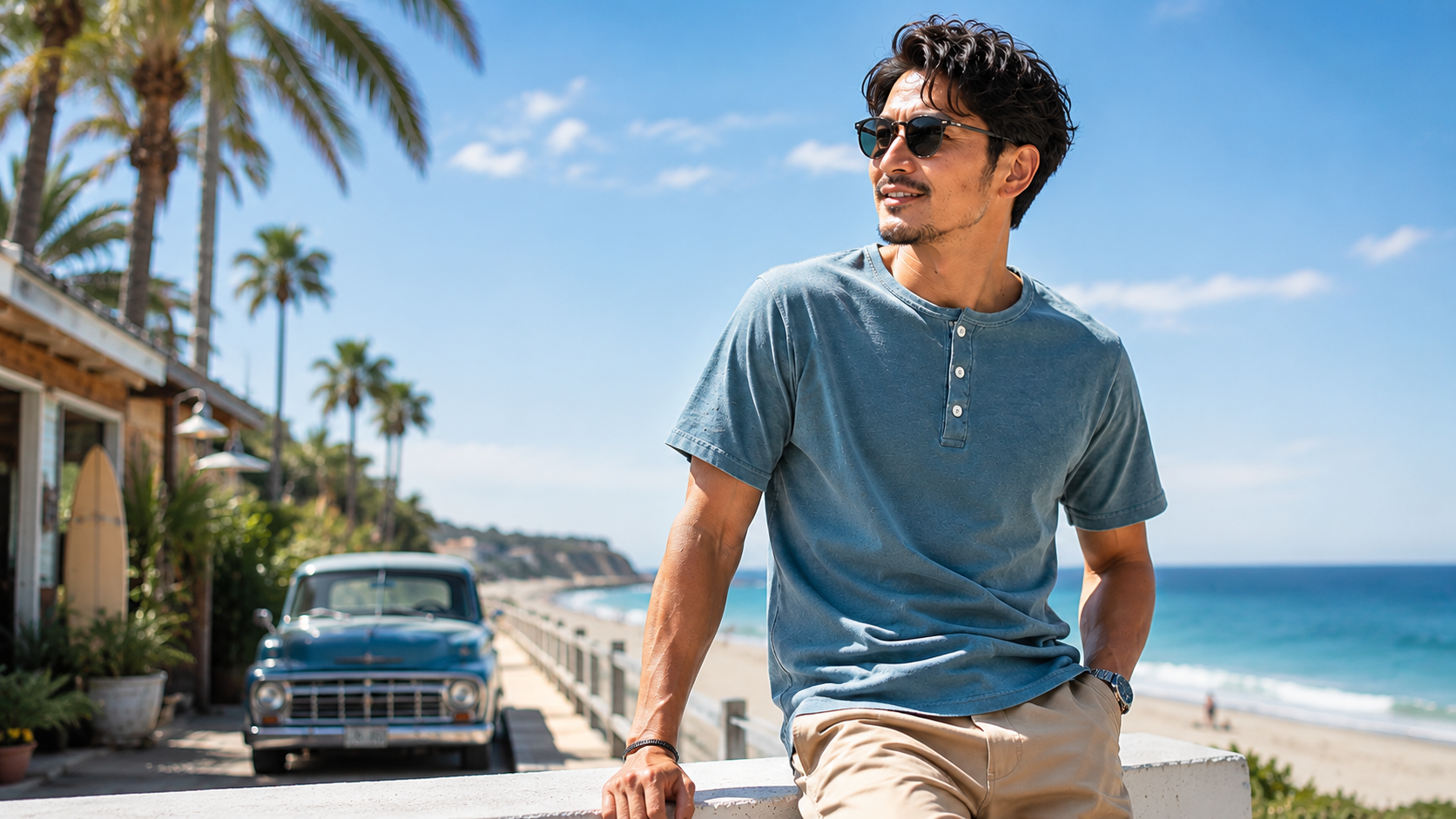 40代男性が夏の海沿いでヘンリーネックTシャツを着こなす大人アメカジコーデのイメージ画像