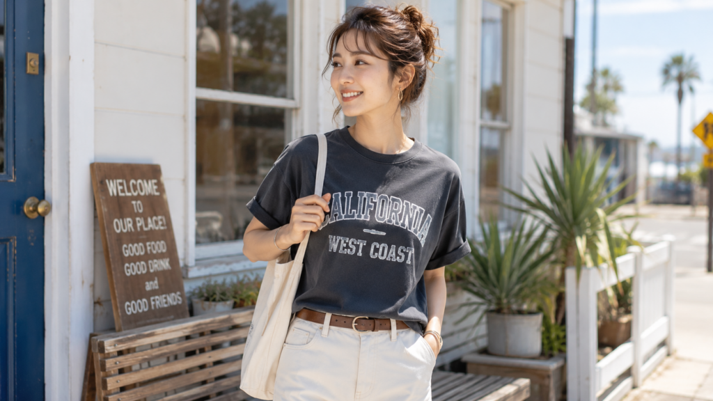 女性がヴィンテージ風ロゴTシャツとベージュパンツで大人アメカジを楽しむ夏コーデのイメージ画像