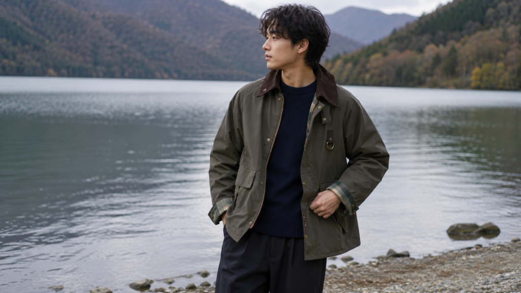 湖畔を背景にバブアー風ジャケットを着た20代男性のコーディネート。自然の景色に映える落ち着いたアウトドアミックススタイル。