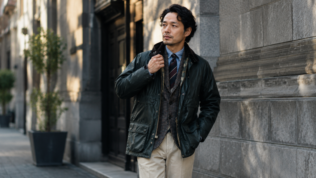 バブアーのオイルジャケットを着た40代男性のクラシックコーデ。都会的な石造りの街並みを背景に、ジャケットとネクタイを合わせた大人のヴィンテージスタイル。