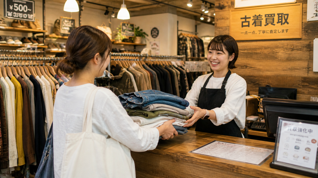 古着を店頭で持ち込み買取してもらう女性とスタッフのやり取りの様子
