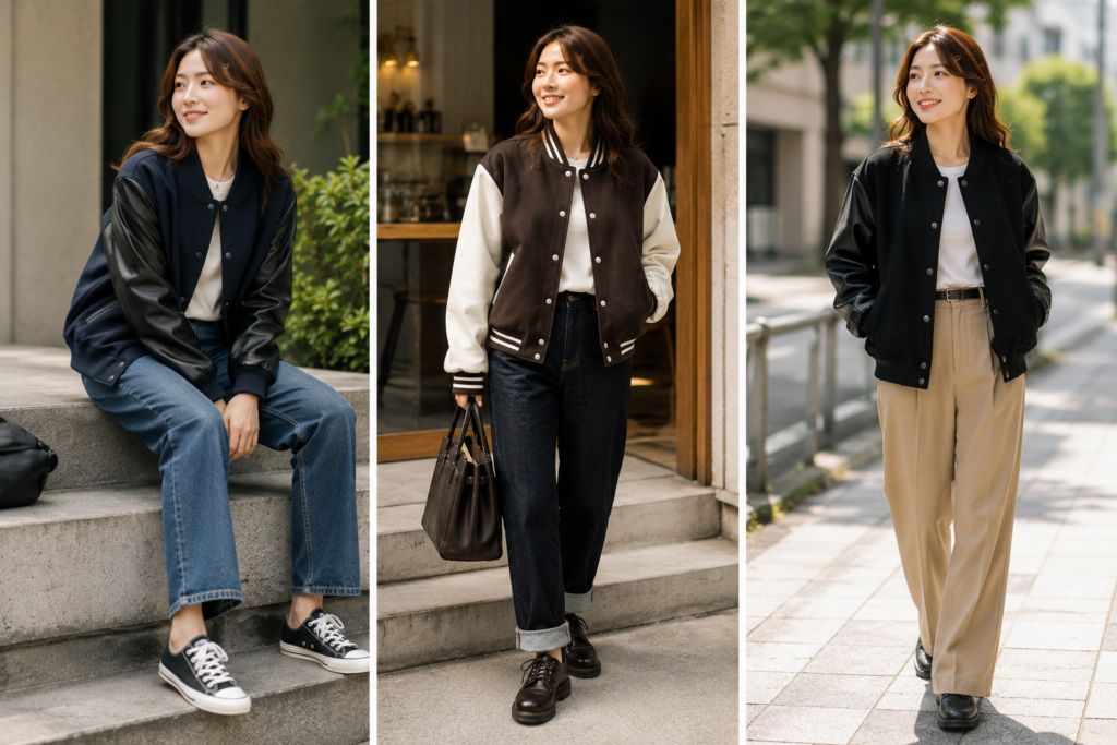 40代女性向けのスタジャンコーデ。ボルドーのスタジャンに白インナー、黒のIラインスカート、ローファー、きれいめバッグを合わせた上品な大人カジュアルスタイル。