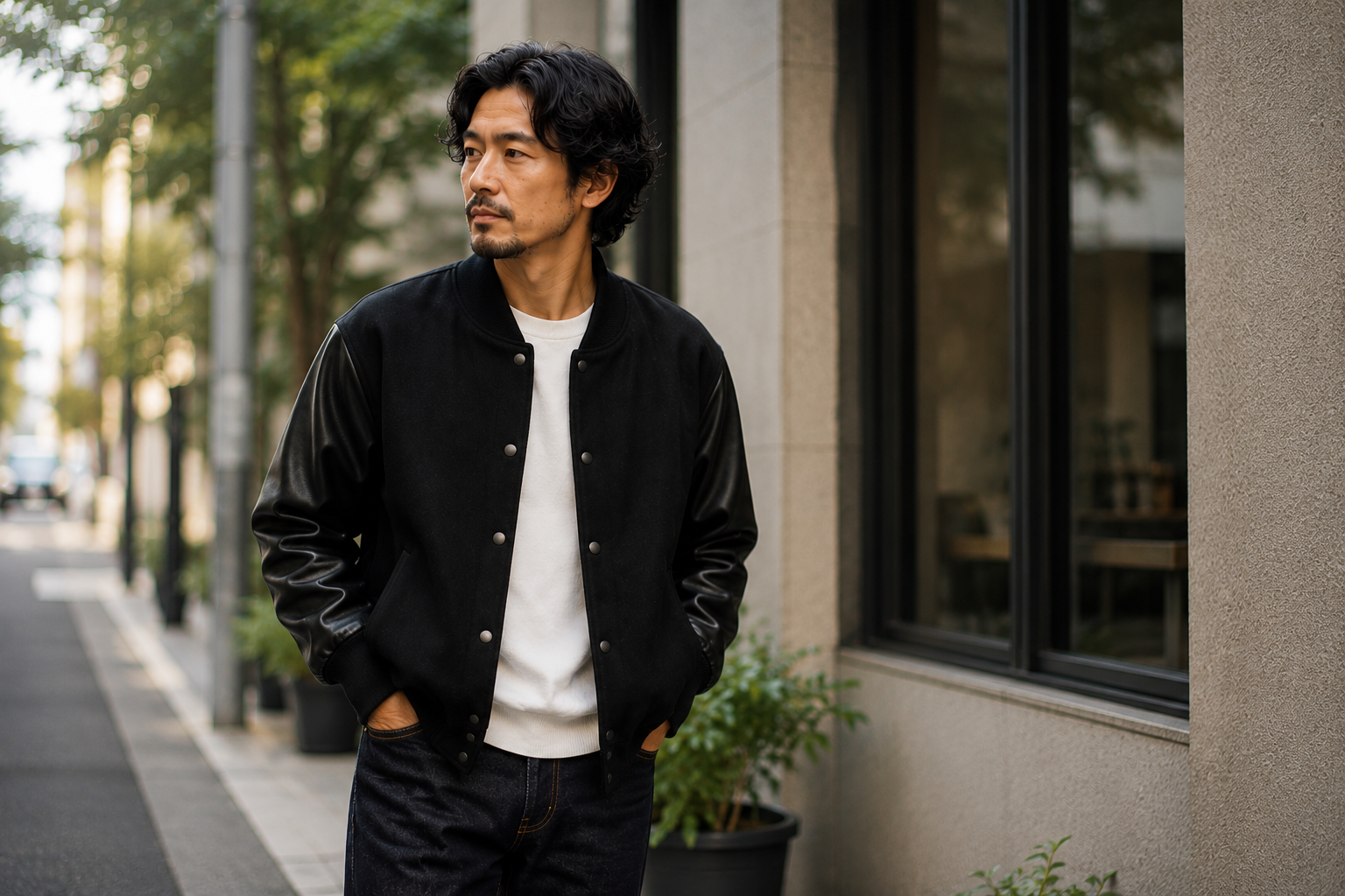 40代男性のスタジャンコーデ。黒のスタジャンに白インナー、濃色デニムを合わせた大人のアメカジスタイル。清潔感を意識したシンプルな着こなしで街中に立つ男性。
