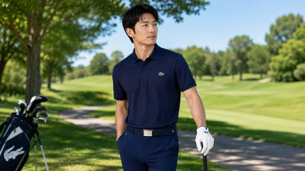ネイビーのラコステ風ゴルフウェアを着た日本人男性がゴルフ場でクラブを持つ16対9イメージ