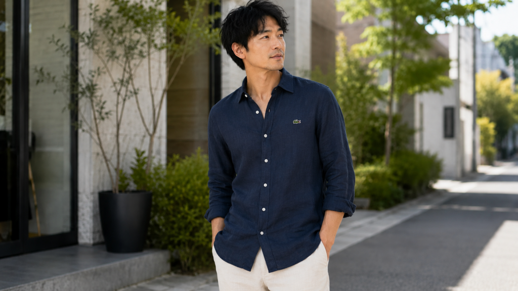 ネイビーのラコステ風リネンシャツを着た日本人男性が休日の街並みでリラックスしているコーディネートイメージ