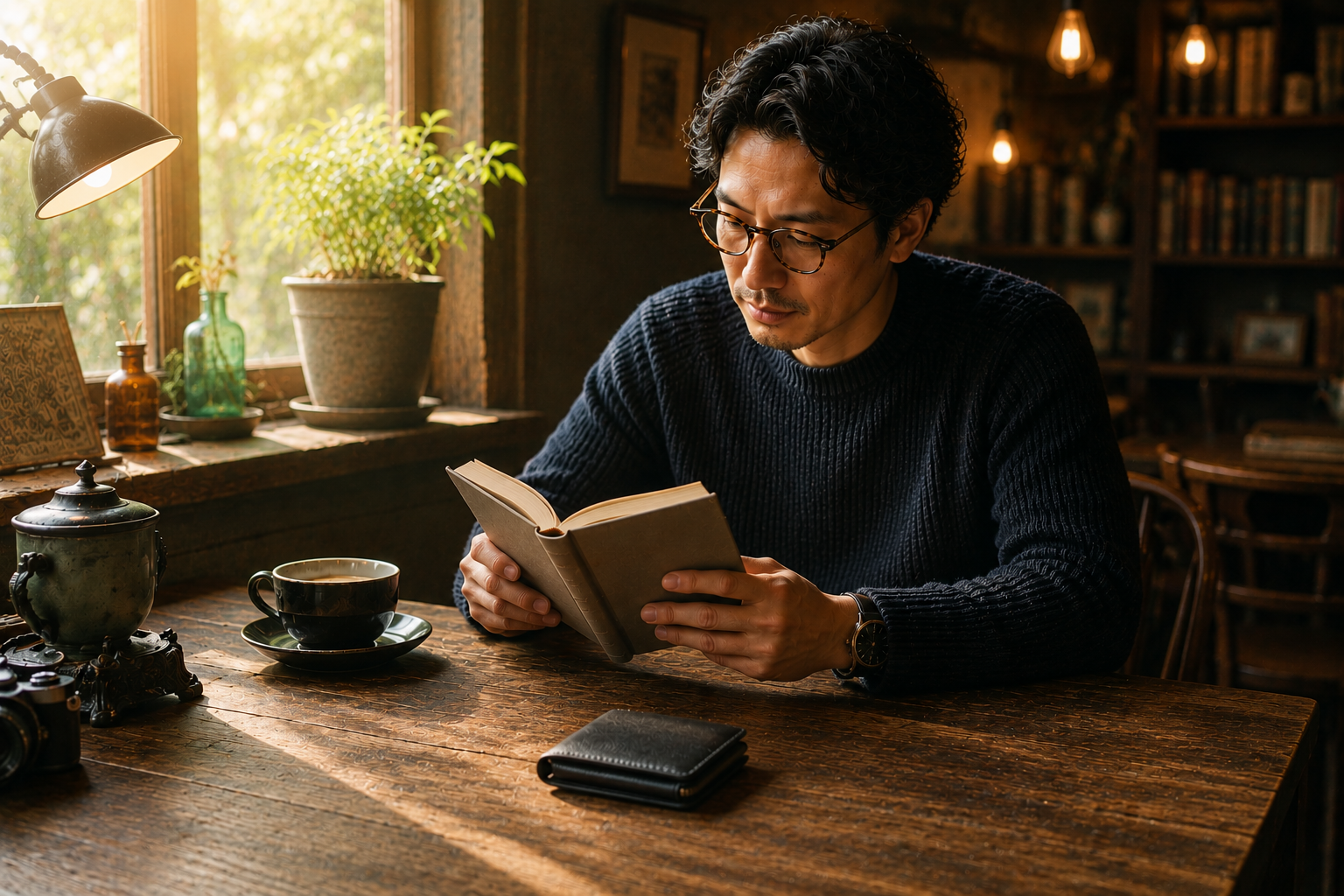 アンティークカフェで読書をする40代男性とテーブル上の二つ折り財布