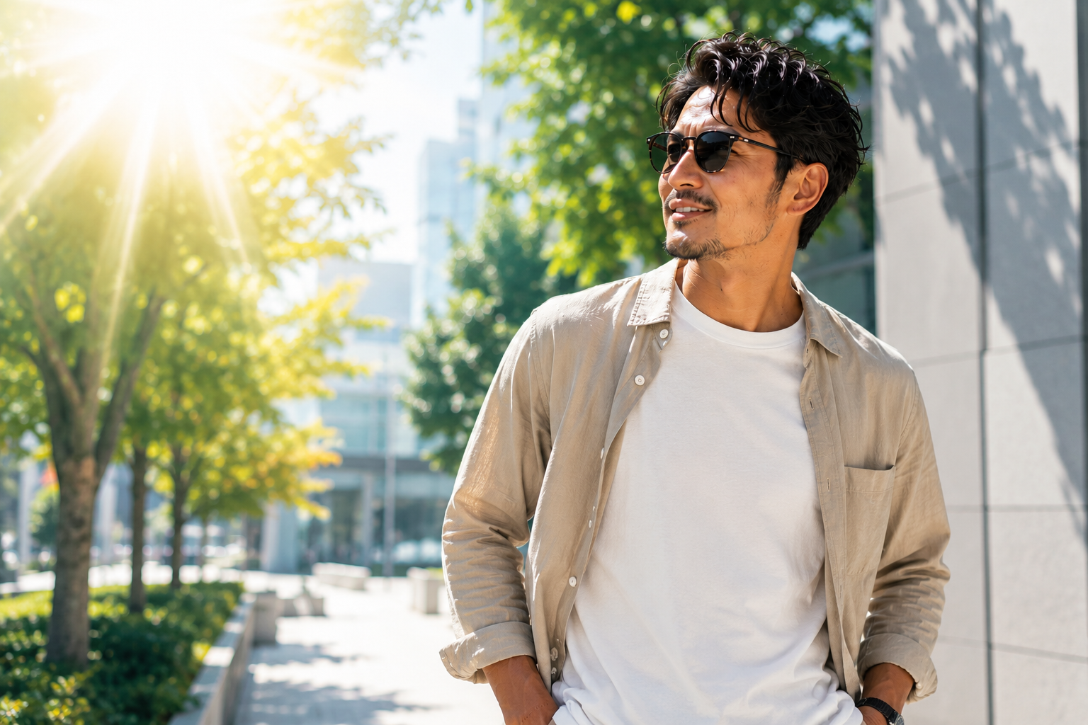 毎日の紫外線対策を実践する40代男性。日焼け止めを習慣化するイメージ画像。