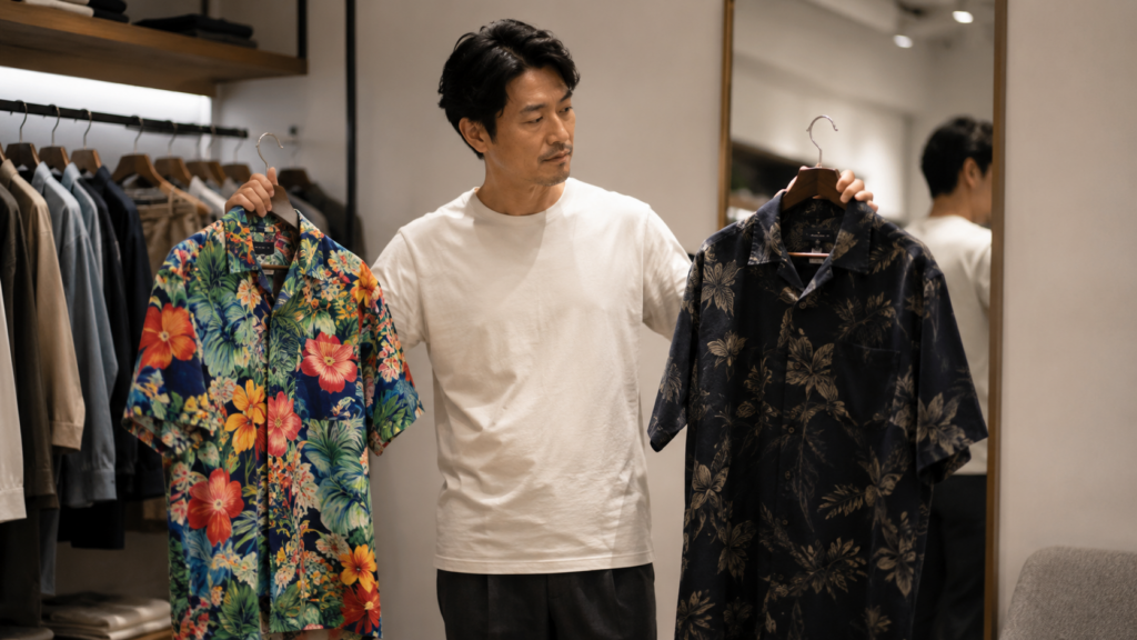 派手な柄と黒のアロハシャツを比較する40代の日本人男性