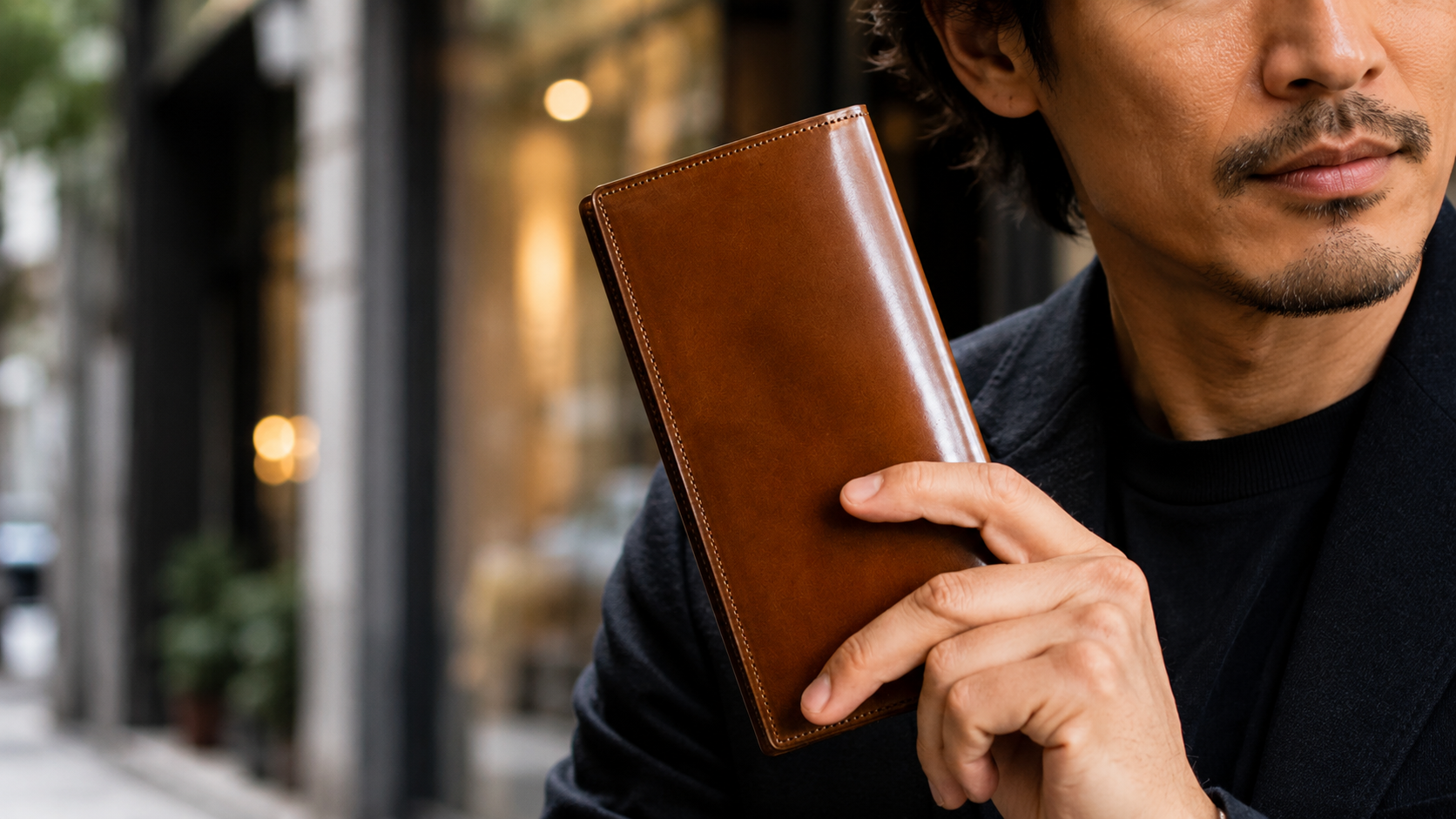 街中を背景に、30代後半の日本人男性がコードバンの長財布を手に持つアイキャッチ画像