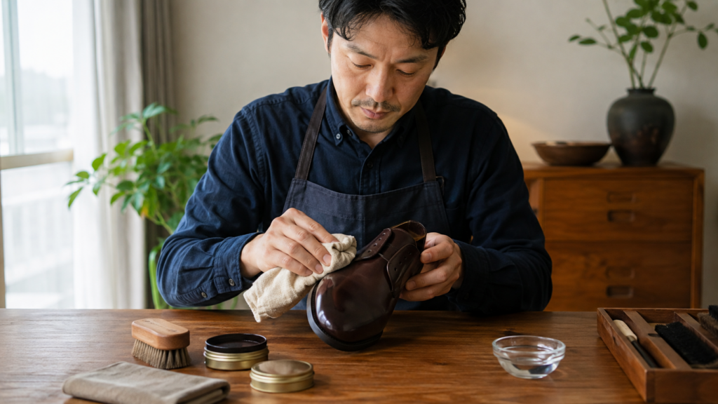 コードバン革靴を布とブラシで丁寧に手入れする様子がわかるメンテナンスイメージ
