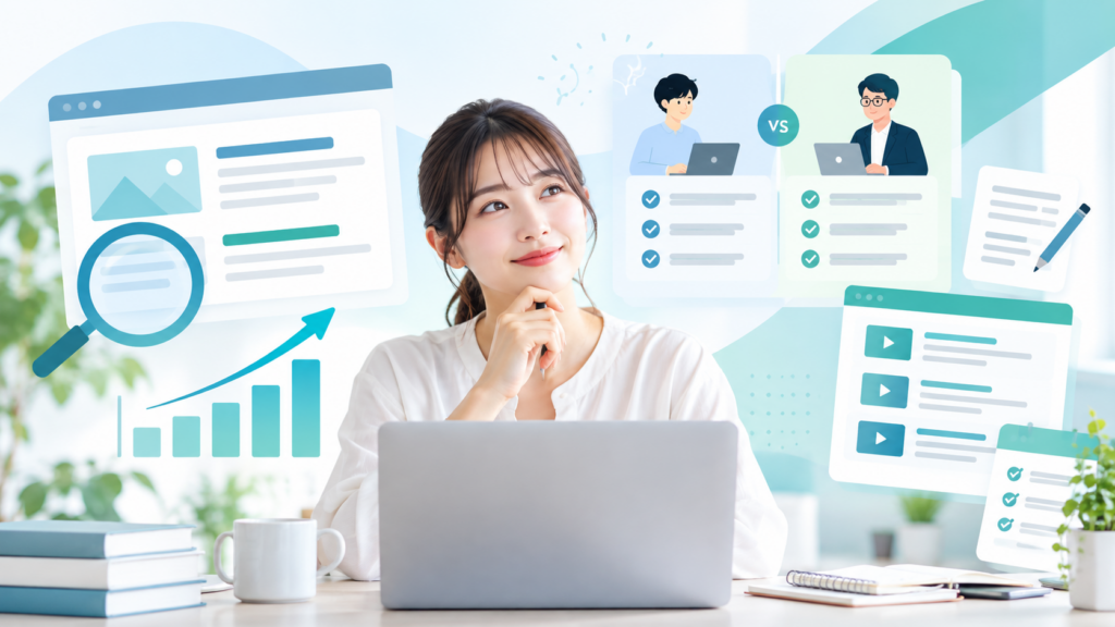SEO HOUSEの評判・料金・カリキュラムを比較検討するイメージ
